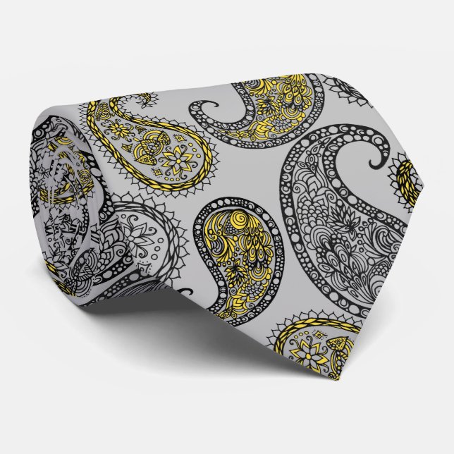 Paisleys pattern Grey and Yellow Tie (Rolled)