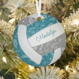 paislies feathers floral teal grey volleyball  metal tree decoration