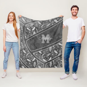 paislies feathers flowers dark grey volleyball fleece blanket