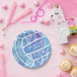 Paislies flowers feathers pattern blue volleyball paper plate