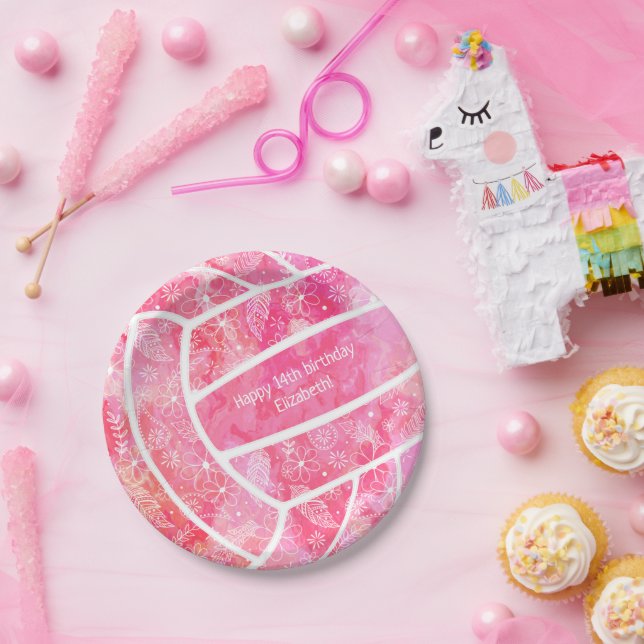 Paislies flowers feathers pink volleyball party paper plate (Party)