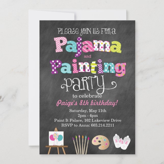 Pajama and Painting Chalkboard Style Invitation (Front)