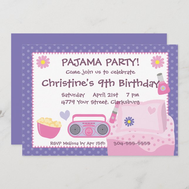 Pajama Party Birthday Invitation (Front/Back)