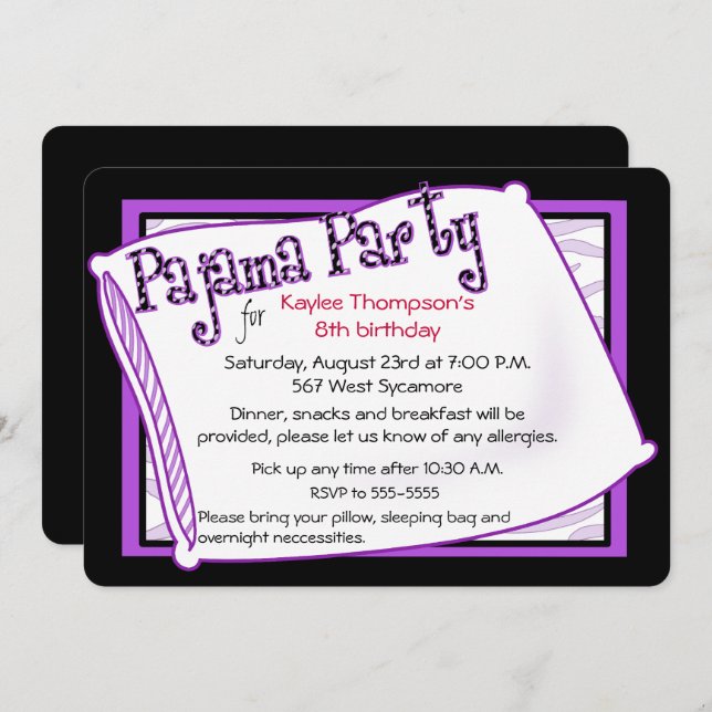 Pajama Party in Black and Purple Invitation (Front/Back)