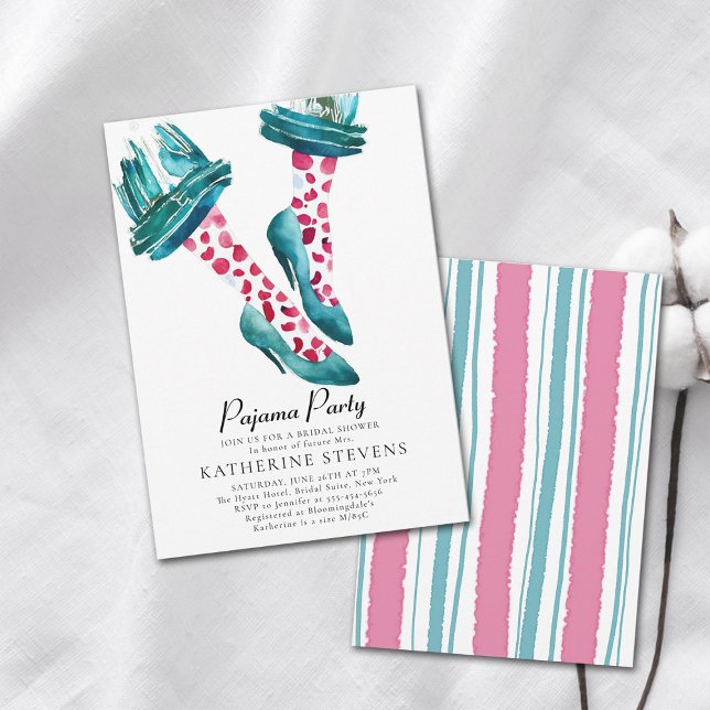 Pajama Party Pink Teal PJ Stilettos Bridal Shower Invitation (pajama party bridal shower invitation whimsical watercolor unique original art pj stilettos cute)