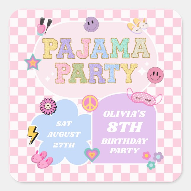 Pajama Party Preppy Varsity Patch Birthday Party Square Sticker (Front)