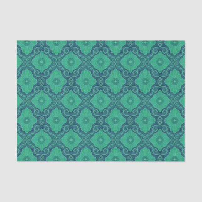 "Palatial floral" pattern in green and navy blue Tissue Paper (Front)