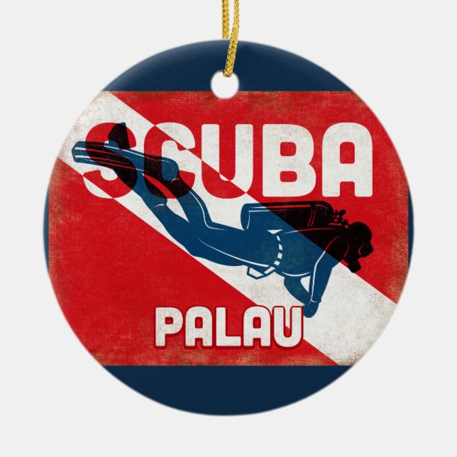Palau Scuba Diver - Blue Retro Ceramic Tree Decoration (Front)