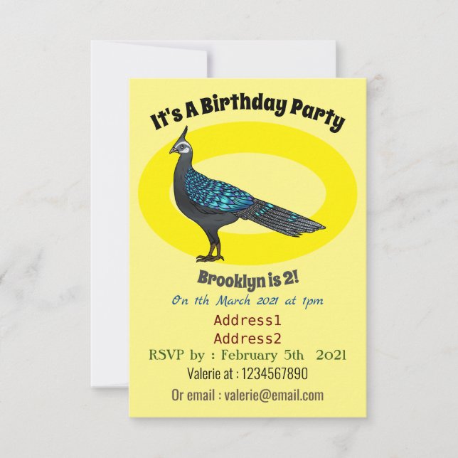 Palawan peacock pheasant bird cartoon illustration invitation (Front)