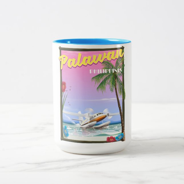 Palawan Philippines flight poster Two-Tone Coffee Mug (Center)