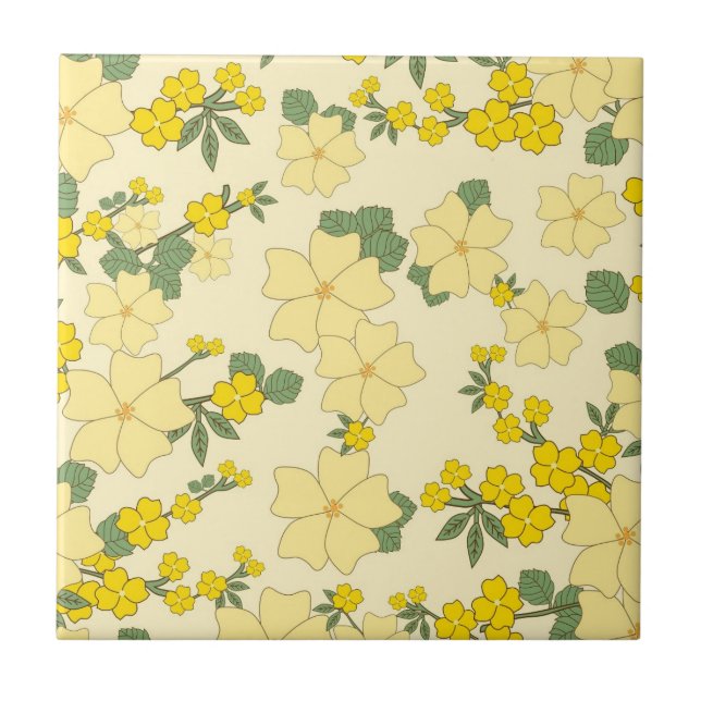Pale and Dark Yellow Flowers Green Leaves Tile (Front)