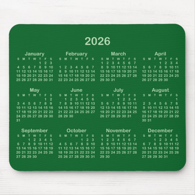 Pale and Forest Green 2026 Calendar Mouse Pad (Front)