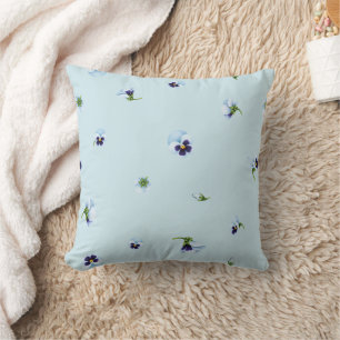 Pale Aqua Blue Purple Pansy Floral Pattern Cushion