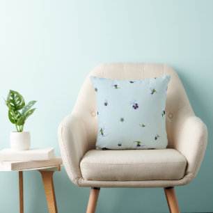 Pale Aqua Blue Purple Pansy Floral Pattern Cushion