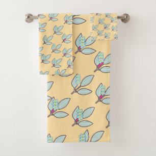 Pale Aqua Leaf With Blossoms Cream Gift  Bath Towel Set