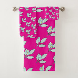 Pale Aqua Leaf With Blossoms Hot Pink Gift  Bath Towel Set