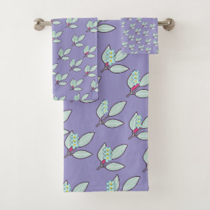 Pale Aqua Leaf With Blossoms Lavender Gift  Bath Towel Set