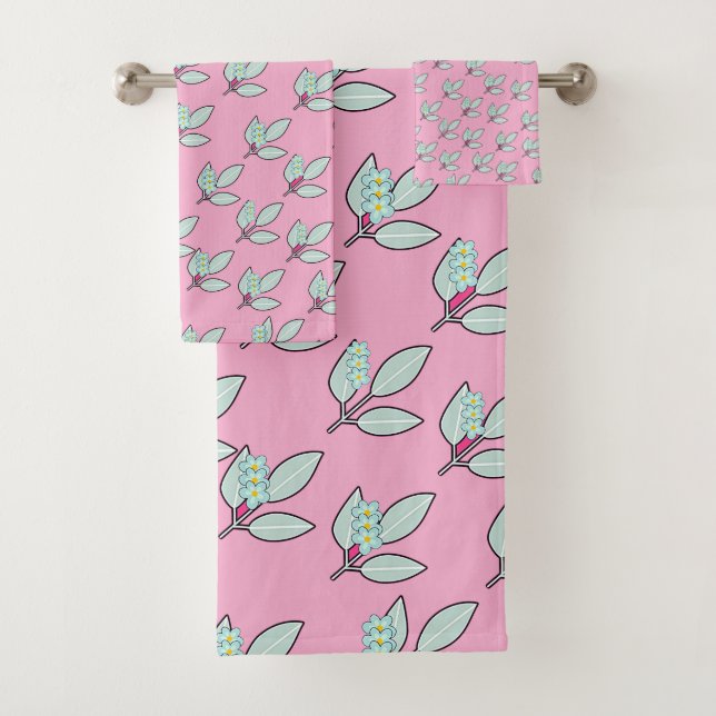 Pale Aqua Leaf With Blossoms Pink  Gift  Bath Towel Set (Insitu)