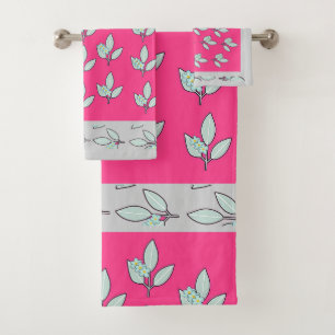 Pale Aqua Leaf With Blossoms Trim Hot Pink Gift  Bath Towel Set