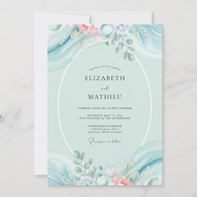 Pale Aqua Peony Wedding Invitation (Front)