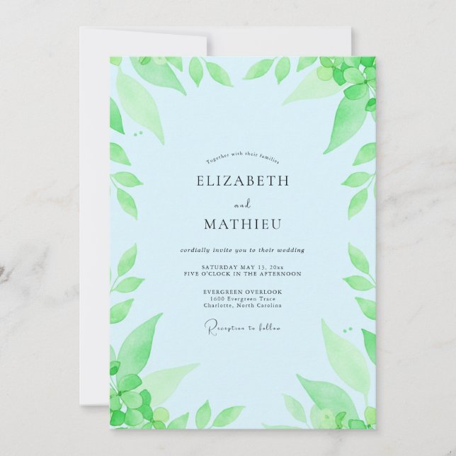 Pale Azure Leafy Wedding Invitation (Front)