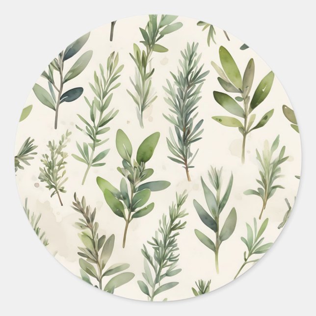 Pale Beige with Soft Green Herb Classic Round Sticker (Front)