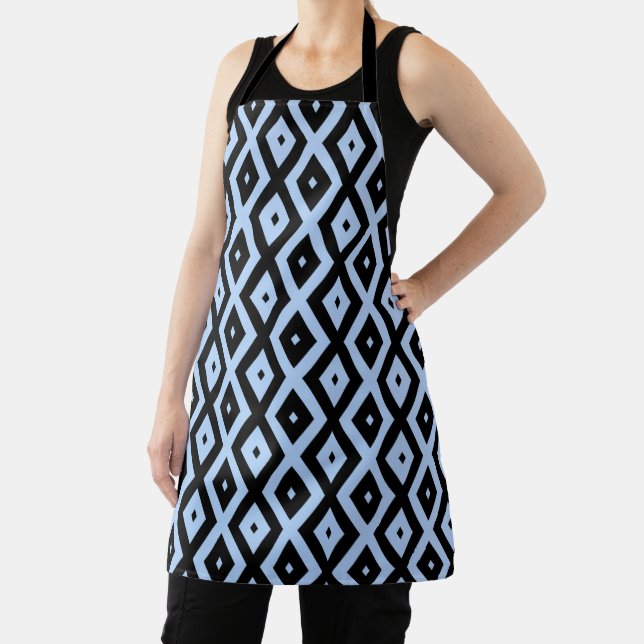 Pale blue and black diamond pattern apron (Insitu)