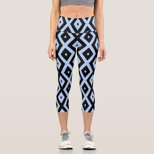 Pale blue and black diamond pattern capri leggings (Front)