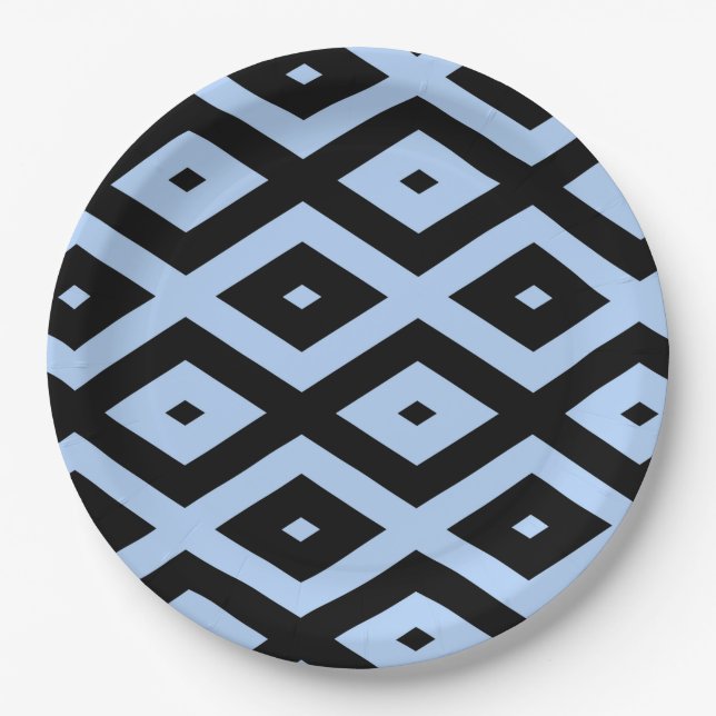 Pale blue and black diamond pattern paper plate (Front)
