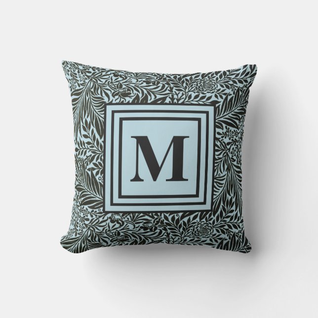 Pale Blue and Black Monogrammed Botanical Pattern Cushion (Front)