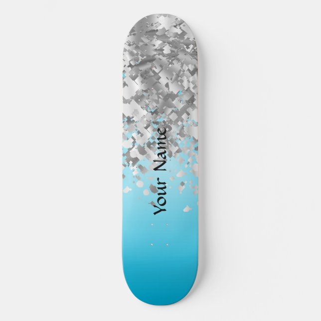 Pale blue and faux glitter skateboard (Front)