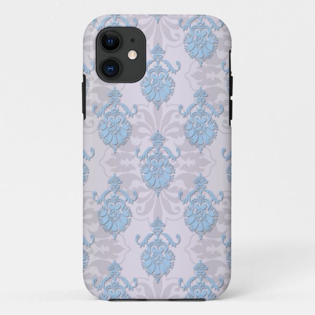 Pale Blue and Silvery White Damask Case-Mate iPhone Case (Back)