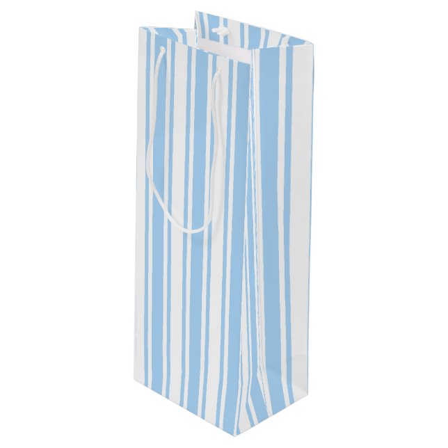 Pale blue and white candy stripes wine gift bag (Front Angled)