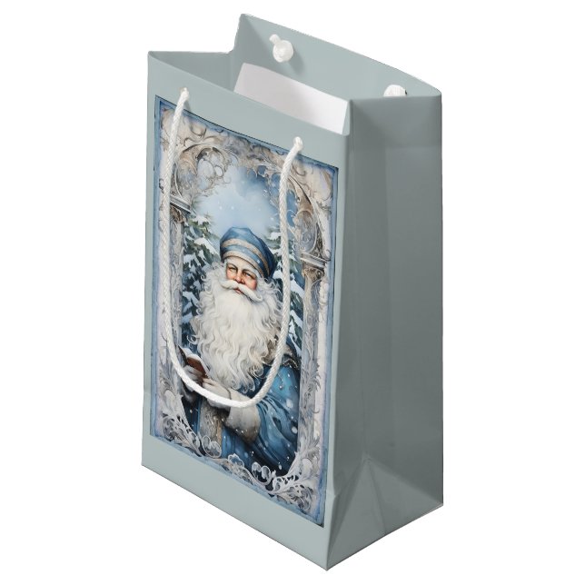 Pale Blue and White Father Christmas Small Gift Bag (Front Angled)