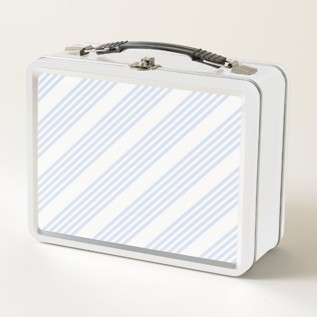 Pale blue and white five stripes pattern metal lunch box (Front)