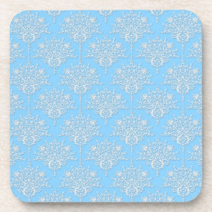 Pale Blue and White Floral Damask Pattern Coaster