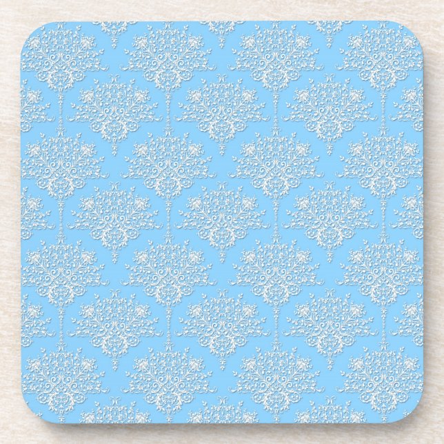 Pale Blue and White Floral Damask Pattern Coaster (Front)