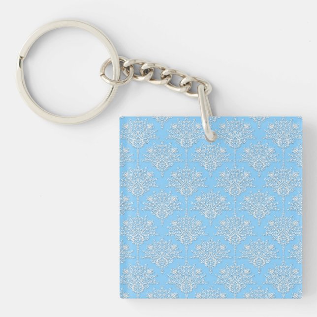 Pale Blue and White Floral Damask Pattern Key Ring (Front)