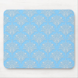 Pale Blue and White Floral Damask Pattern Mouse Pad
