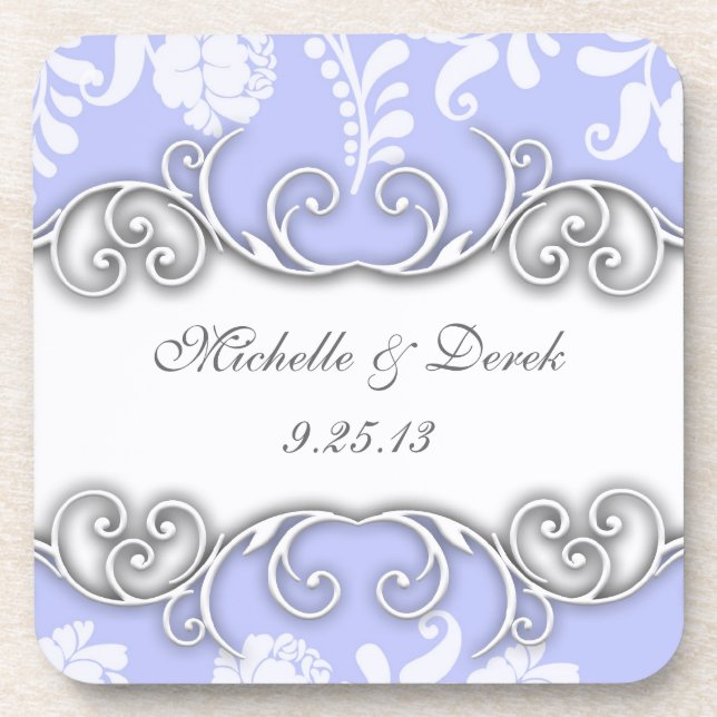 Pale Blue and White Floral Damask Wedding Coaster (Front)