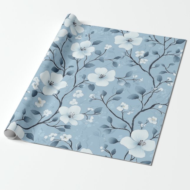 Pale Blue and White Floral Vine Pattern Wrapping Paper (Unrolled)
