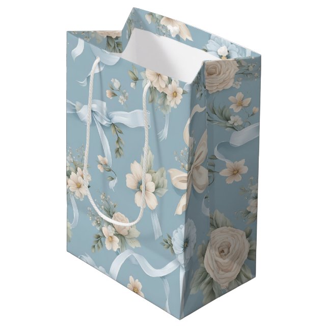 Pale Blue and white Fowers and Bows Medium Gift Bag (Front Angled)