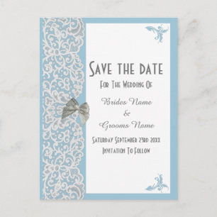 Pale blue and white traditional lace save the date announcement postcard