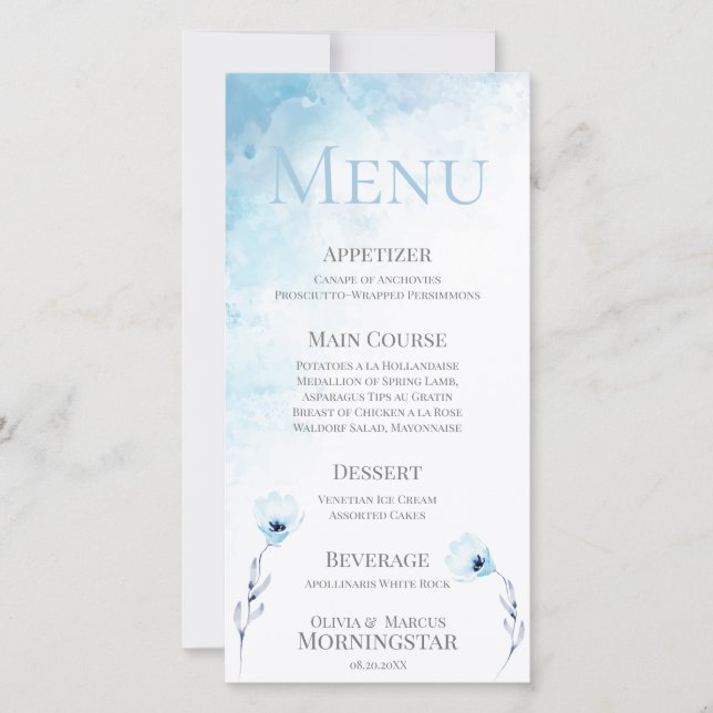Pale Blue Anemone Watercolor Wedding Menu (Front)