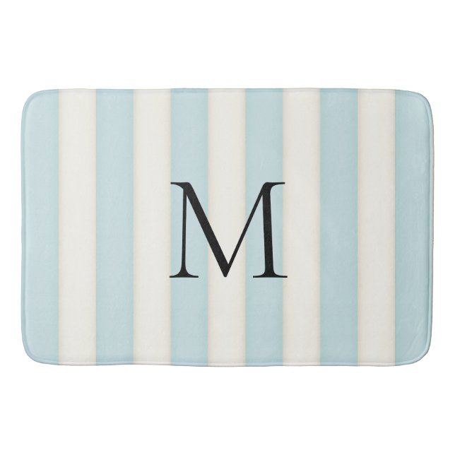 Pale Blue & Antique White Stripes Monogrammed Bath Mat (Front)