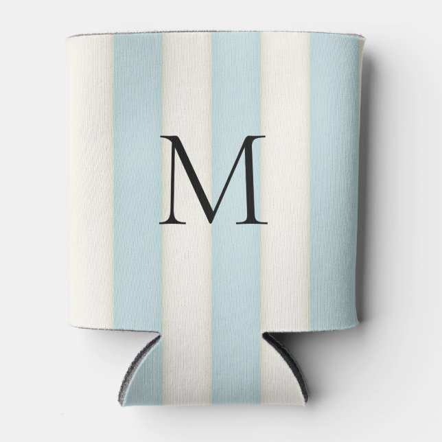 Pale Blue & Antique White Stripes Monogrammed Can Cooler (Front)