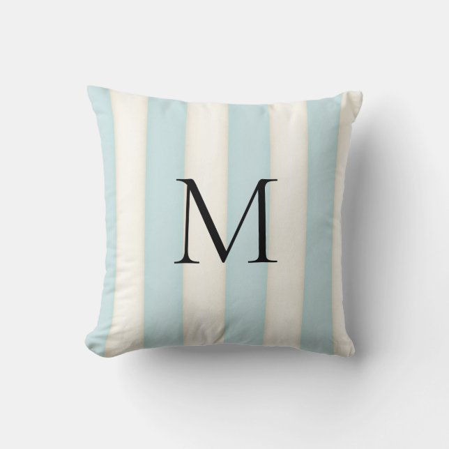 Pale Blue & Antique White Stripes Monogrammed Cushion (Front)