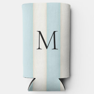 Pale Blue & Antique White Stripes Monogrammed Seltzer Can Cooler