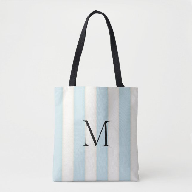Pale Blue & Antique White Stripes Monogrammed Tot Tote Bag (Front)
