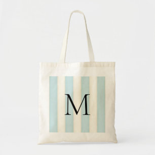 Pale Blue & Antique White Stripes Monogrammed Tote Bag